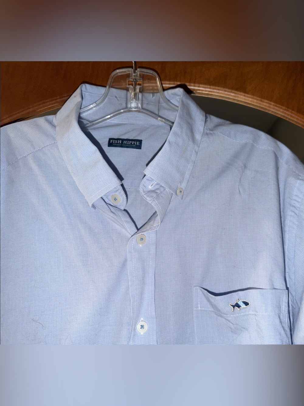 Men's Light Blue FISH HIPPIE Micro-Check Button-Down Shirt with Fish Embroidery